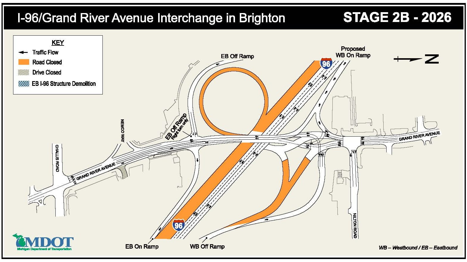 The I-96/Grand River Avenue interchange construction map for Stage 2B in 2026.