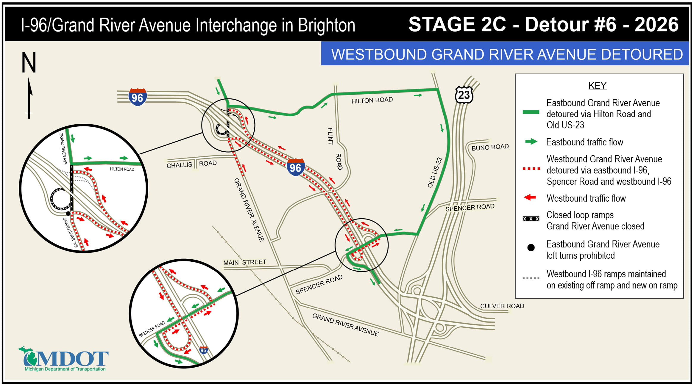 The Stage 2C - Detour 6 map showing the westbound loop Grand River Avenue detours in 2026.