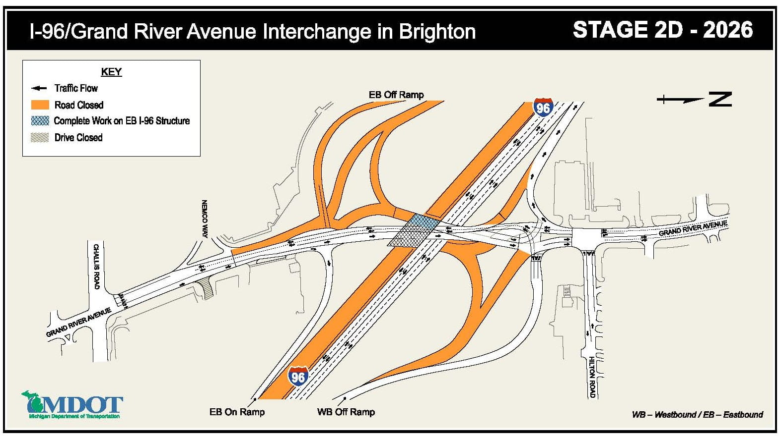The I-96/Grand River Avenue interchange construction map for Stage 2D in 2026.