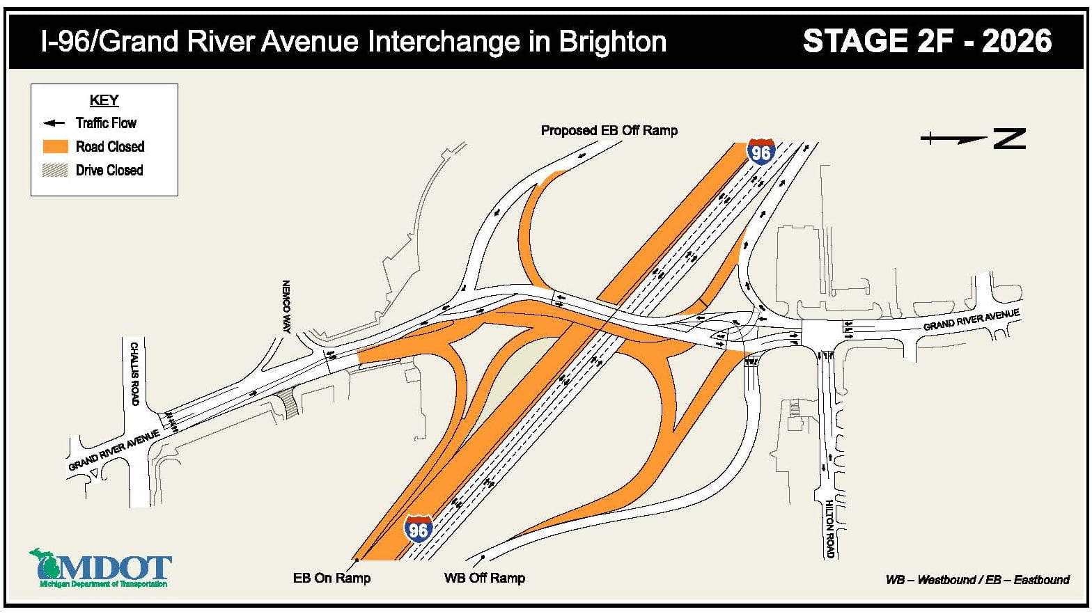 The I-96/Grand River Avenue interchange construction map for Stage 2F in 2026.