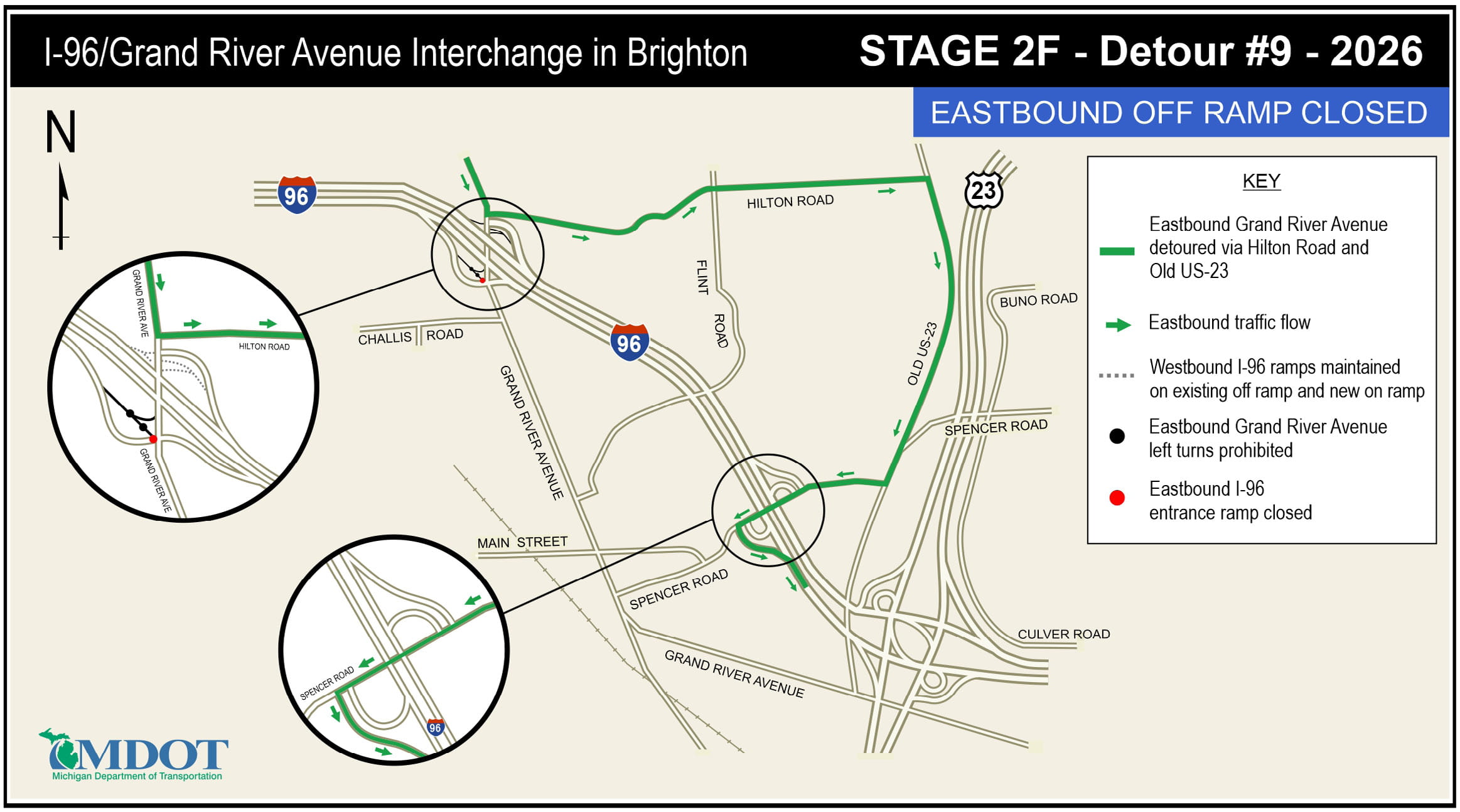 The Stage 2F - Detour 9 map showing the eastbound off ramp closures and detours in 2026.