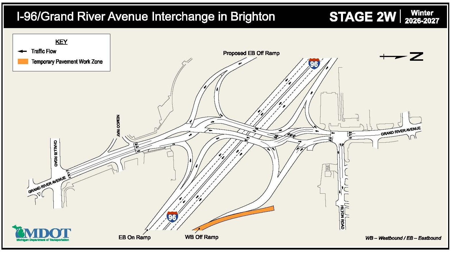 The I-96/Grand River Avenue interchange construction map for Stage 2W in 2026-2027.
