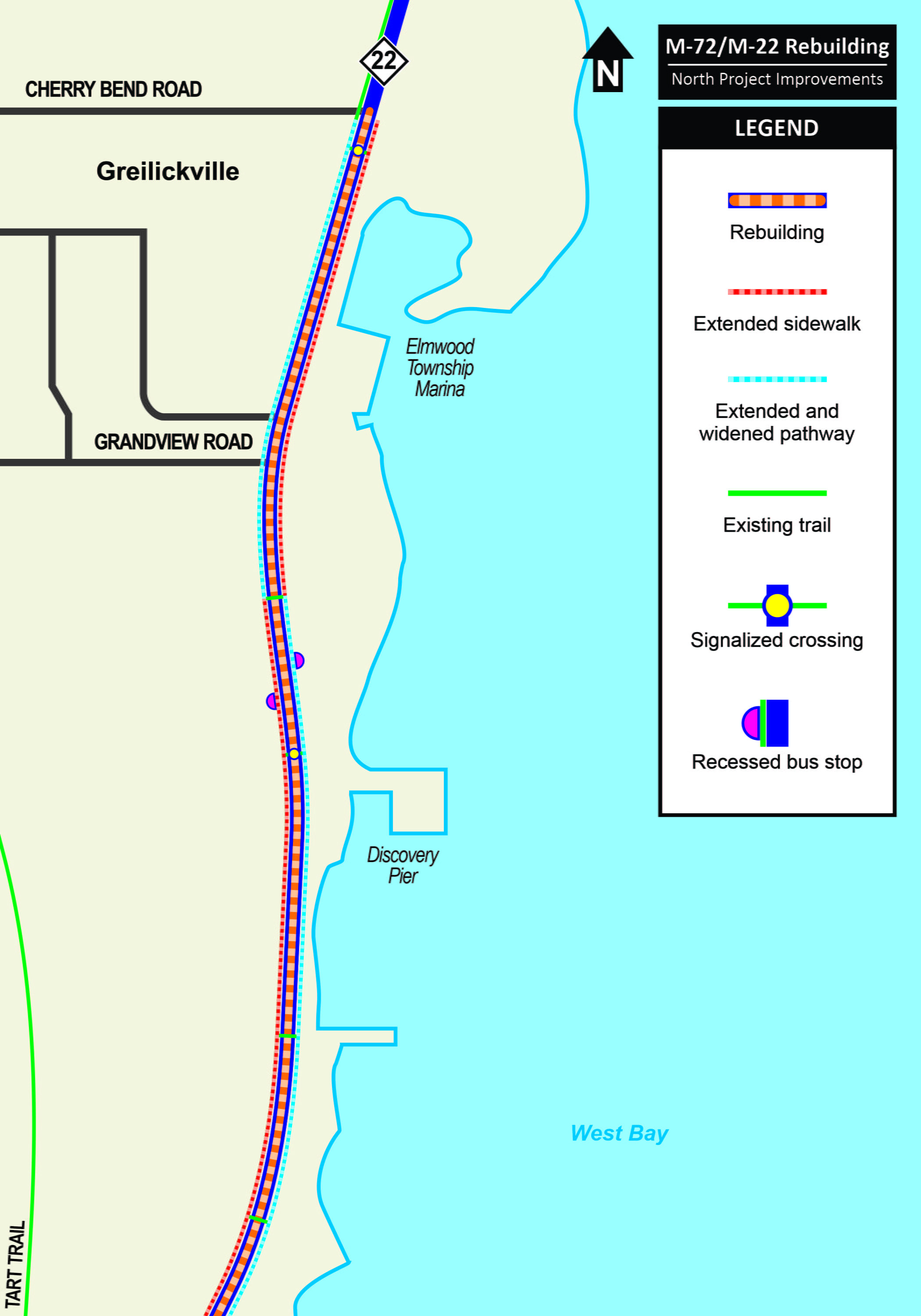 The M-72/M-22 rebuilding northern project improvements map showing projects limits, extended sidewalks and paths, existing trails, signalized crossing and recessed bus stops.