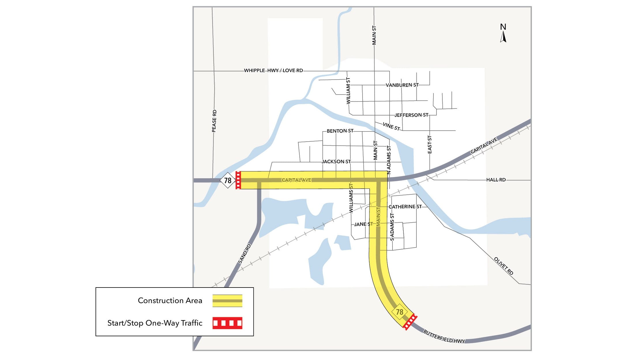 A map of the construction area and start and stop one-way traffic in Bellevue, Michigan.