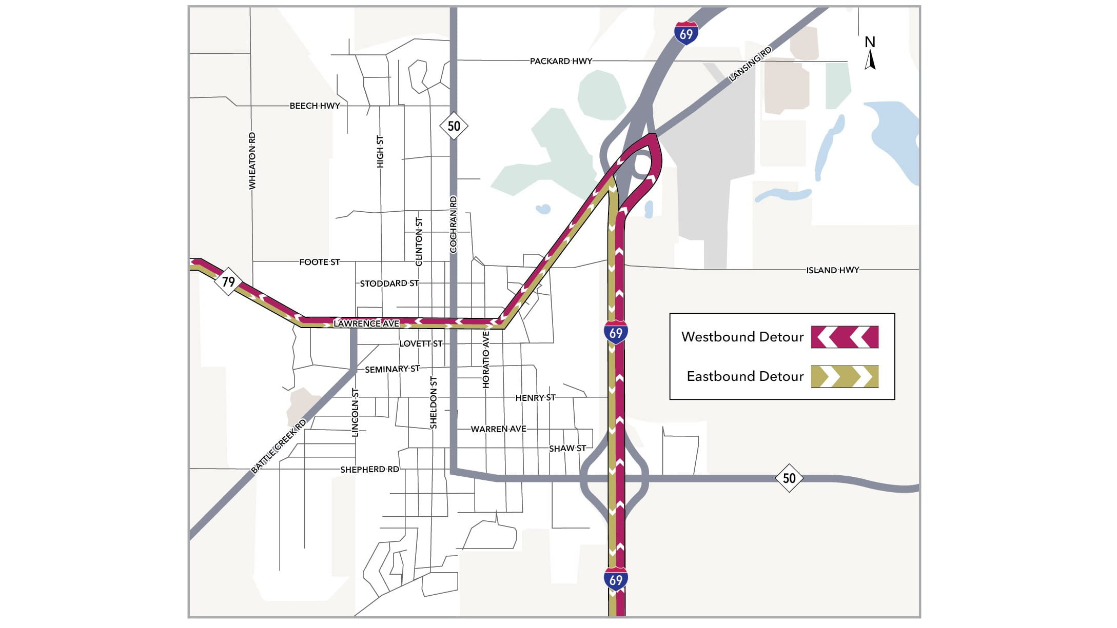 A map of the eastbound and westbound detours in Charlotte, Michigan.