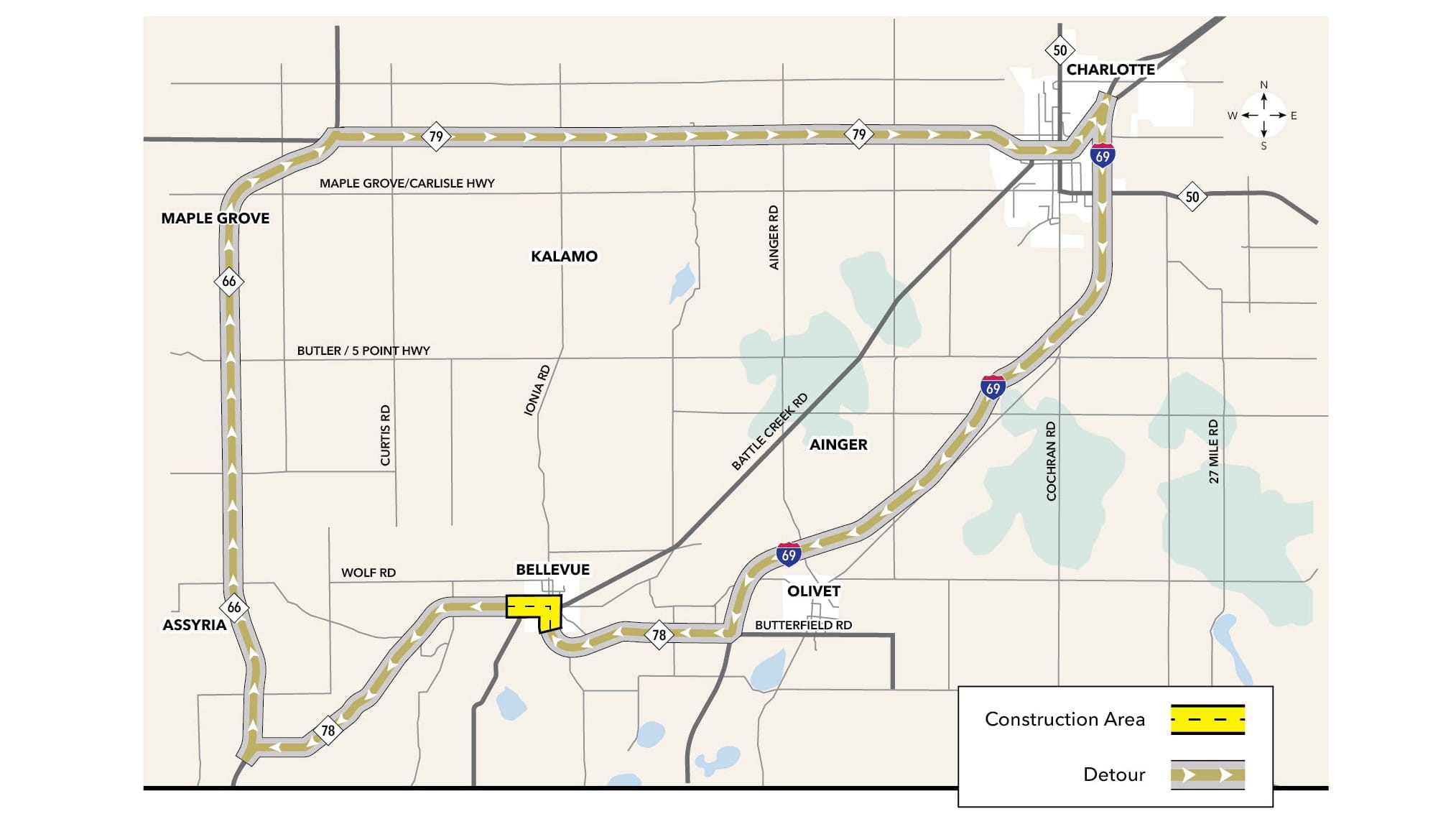 A map of the M-78 project construction area and westbound detour from Charlotte and through Bellevue and Olivet.