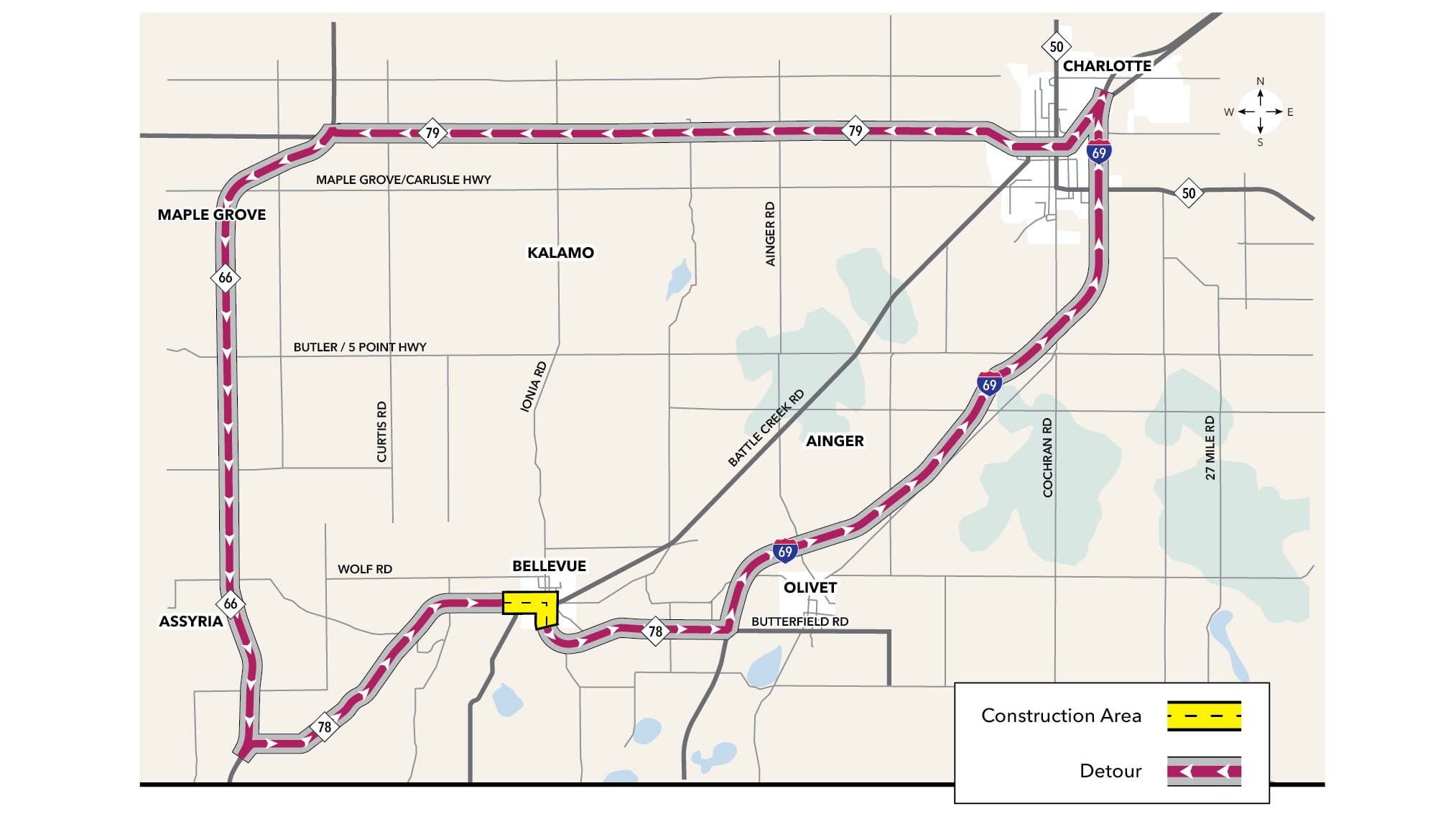 A map of the M-78 project construction area and eastbound detour from Charlotte and through Olivet and Bellevue.