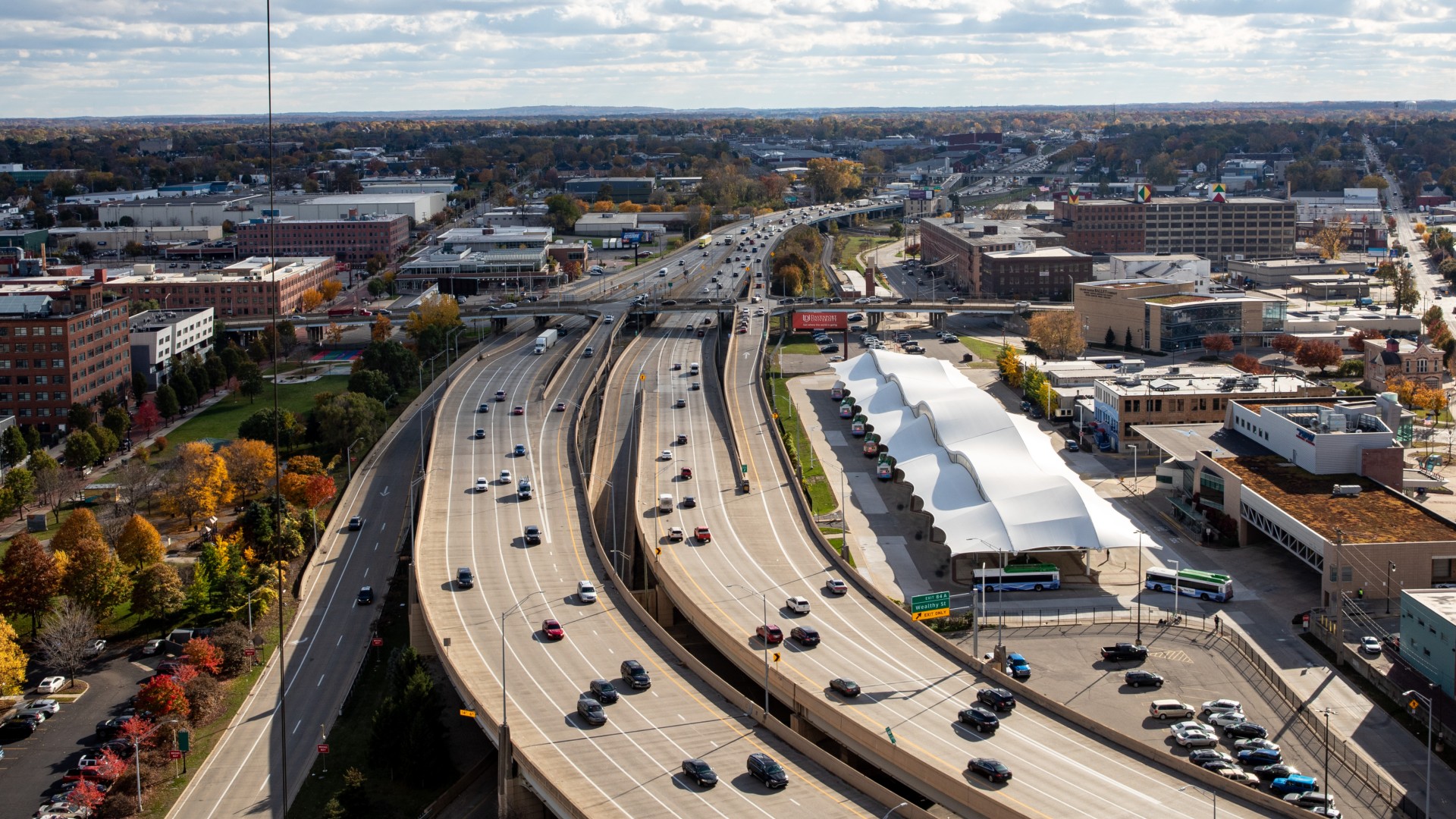 A view of U.S. 131 in downtown Grand Rapids from the construction of a 16-story apartment building at Studio Park in downtown Grand Rapids.