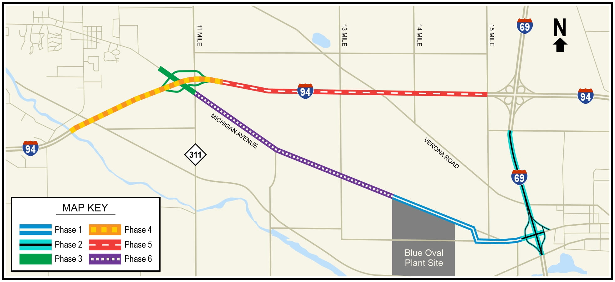 Map of the Marshall Modernization (I-94, I-69 and M-96) project phases.