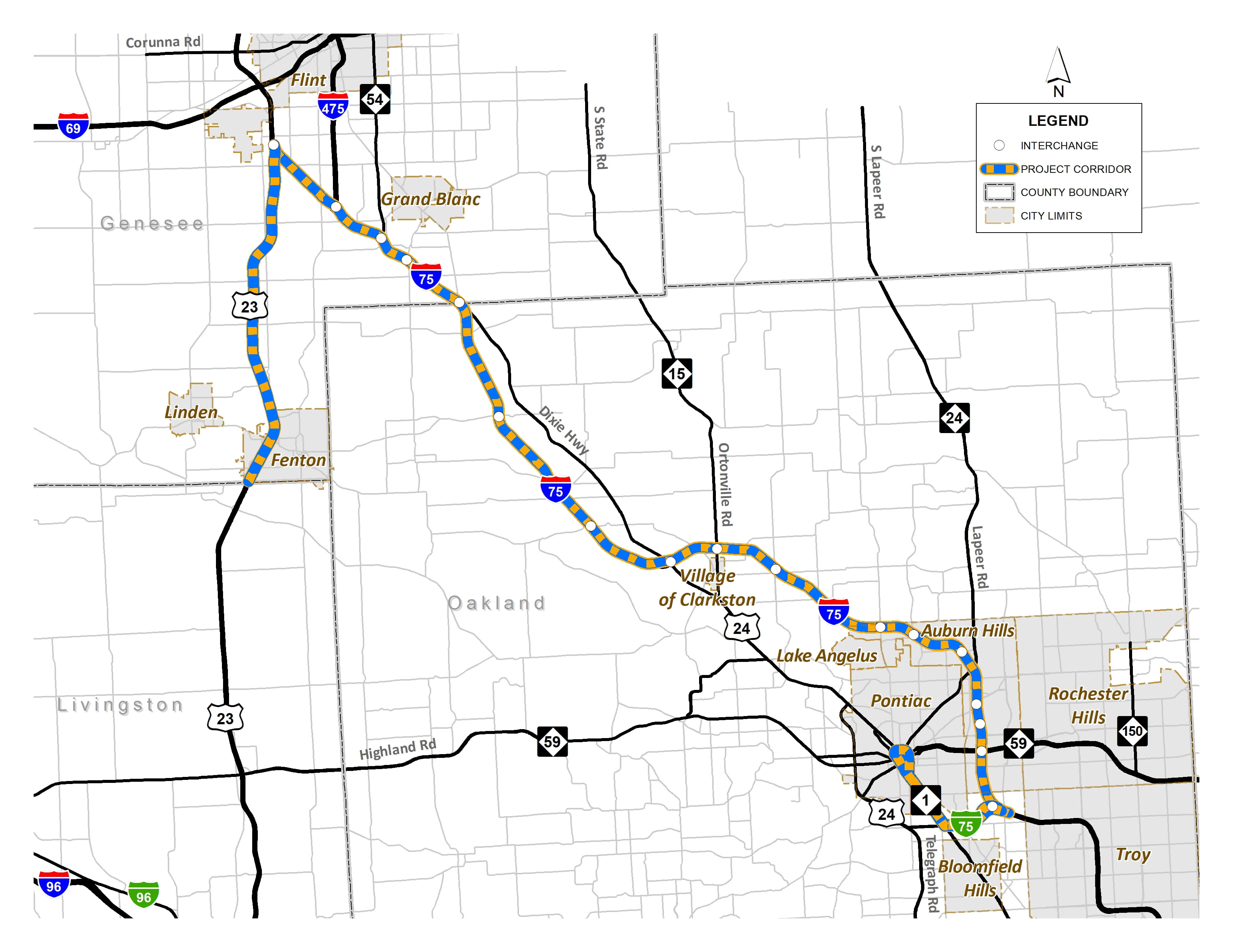 A map showing the I-75 corridor study location starting near Flint and ending near Troy/Bloomfield Hills area. 