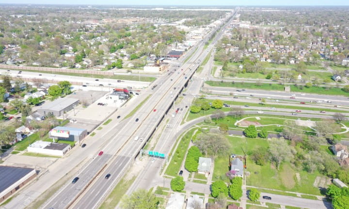 An aerial view of I-75 and M-102 in Detroit and Hazel Park.