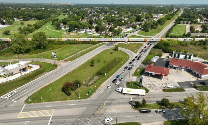 An aerial view of the M-85 (Fort Street) and Canadian National (CN) Railroad at-grade crossing.