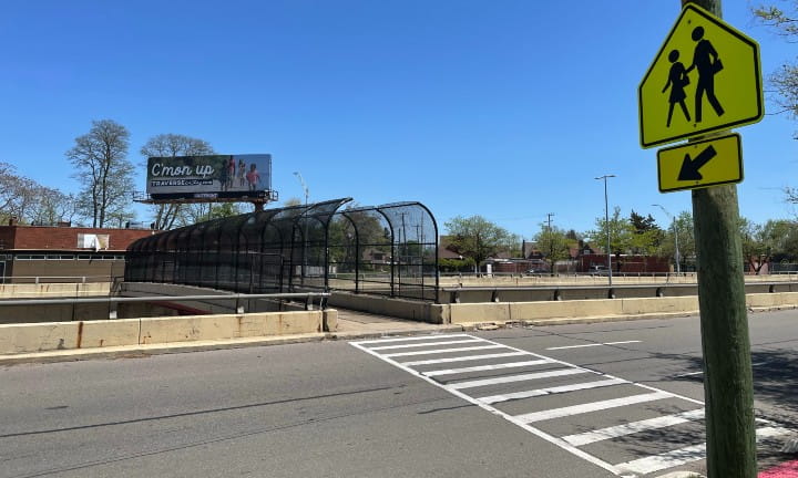 A view of a Metro Region pedestrian bridge and crosswalk.