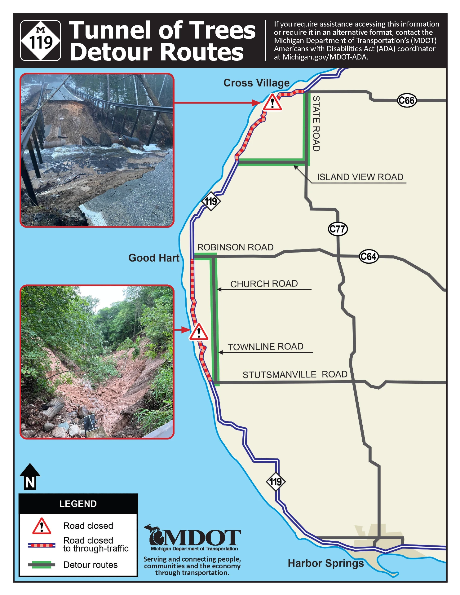 A map of M‑119 along the Lake Michigan shoreline between Cross Village and Harbor Springs highlighting two road‑closed locations on M‑119 with warning icons. Green‑outlined detour routes direct traffic onto State Road, Island View Road, Robinson Road, Church Road, Townline Road, and Stutsmanville Road. A legend at the bottom explains symbols for road closures, roads closed to through‑traffic, and detour routes. Two photos on the left show severe roadway washouts: one image shows a collapsed section of roadway with a damaged guardrail and flowing water, and the other image shows a deep eroded area filled with debris. 