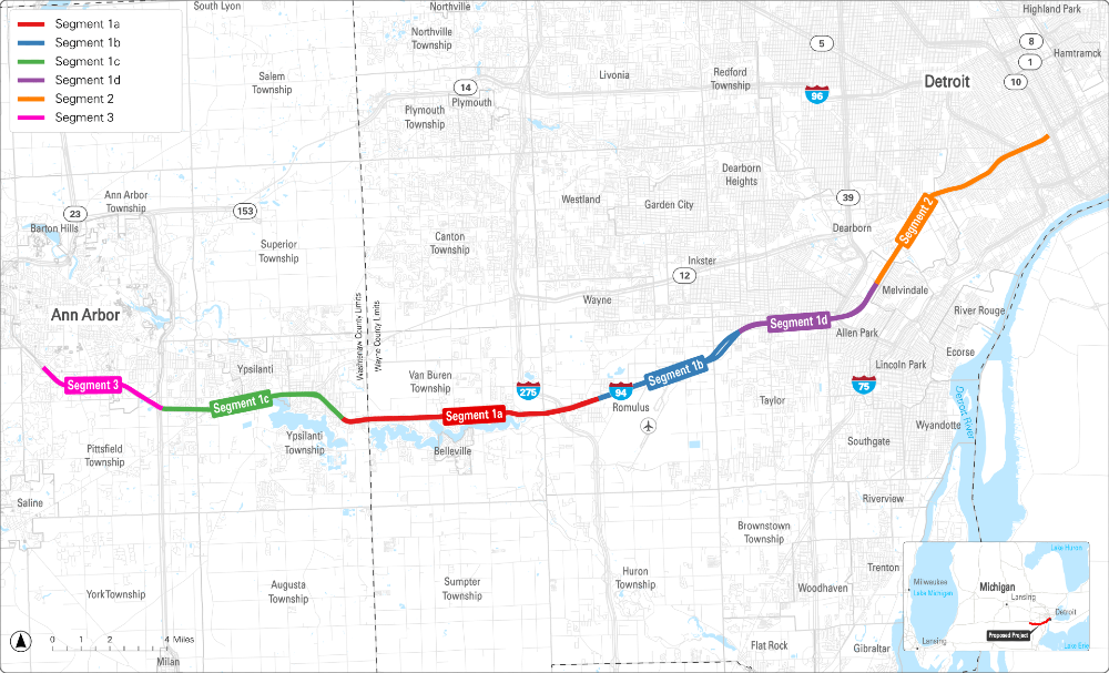 The Cavnue Corridor Study showing the phases between Ann Arbor and Detroit.