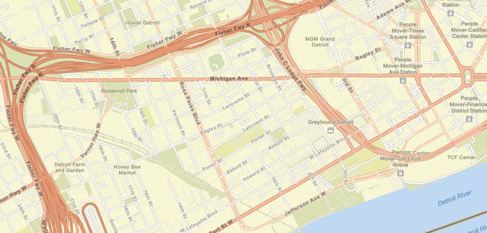 Map showing the location of the US-12 Detroit Mobility and Innovation Corridor project.