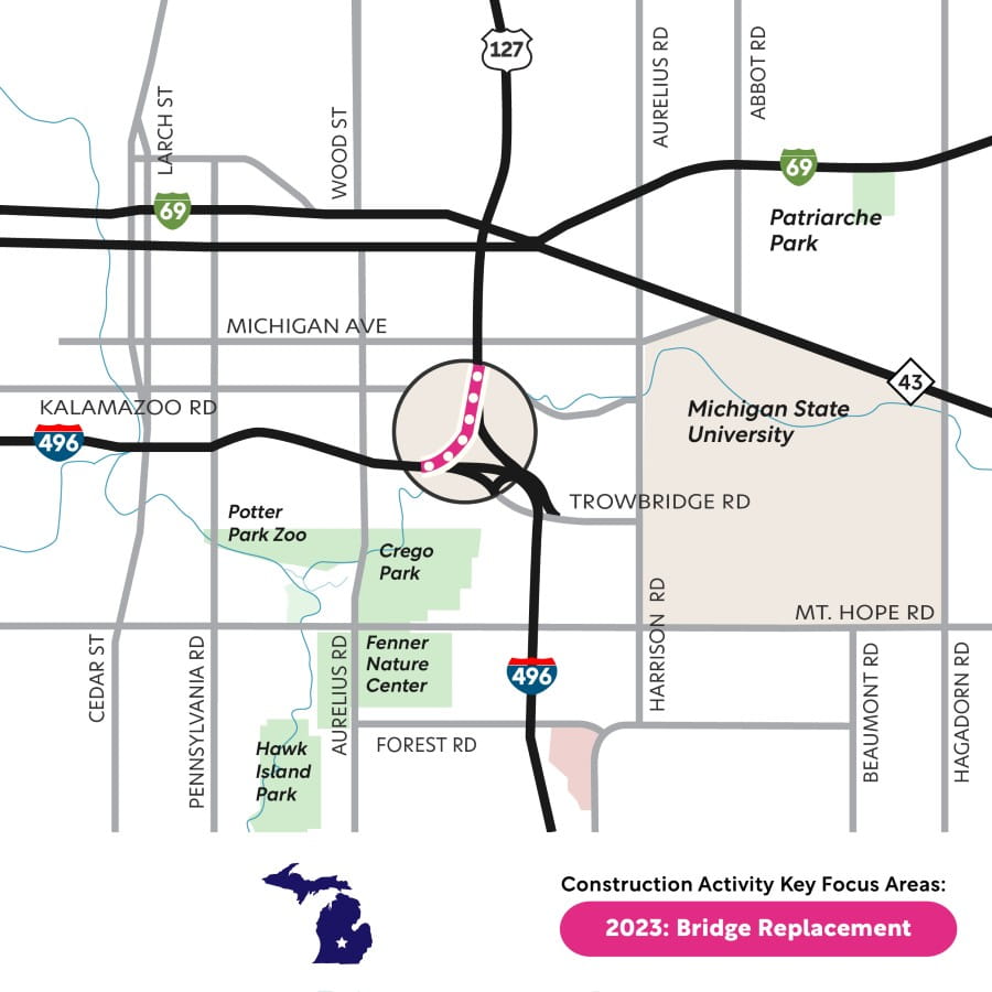 Corridor map showing the US-127 bridge replacements.