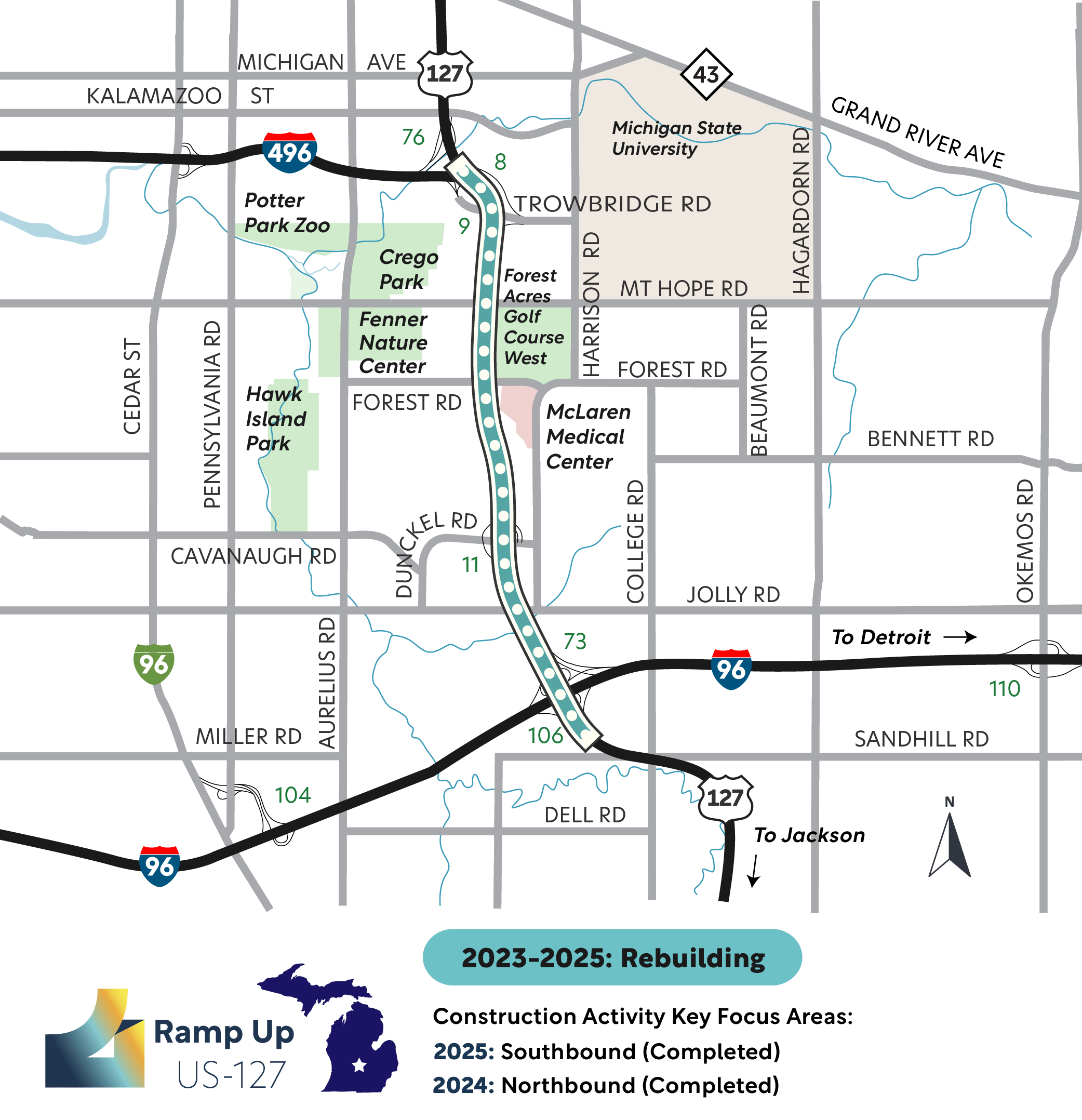 Corridor map showing the US-127 project limits from I-96 to I-496.