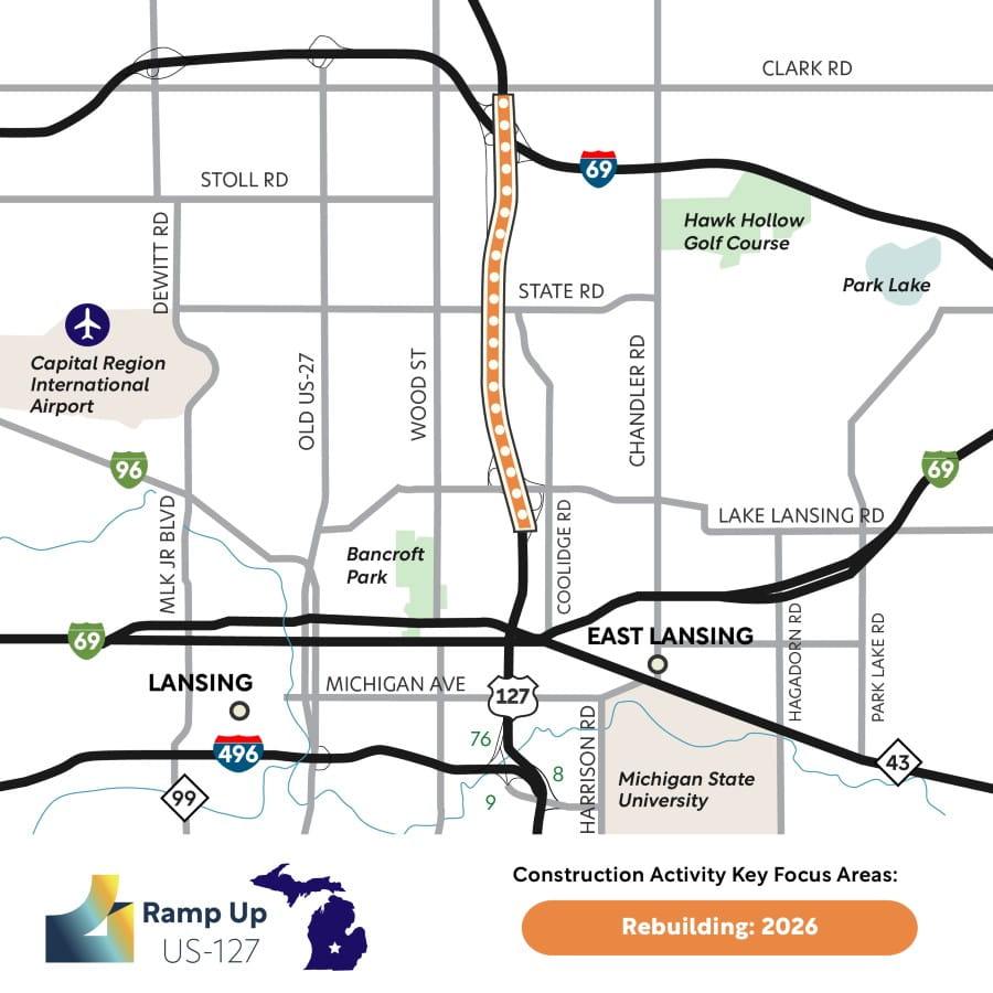 Corridor map showing the US-127 project limits from Lake Lansing Road to I-69.