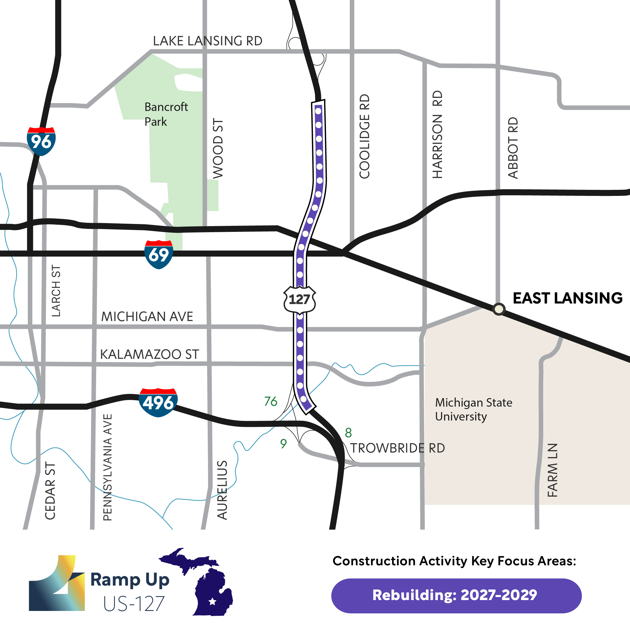 Corridor map showing the US-127 project limits from I-496 to Lake Lansing Road.