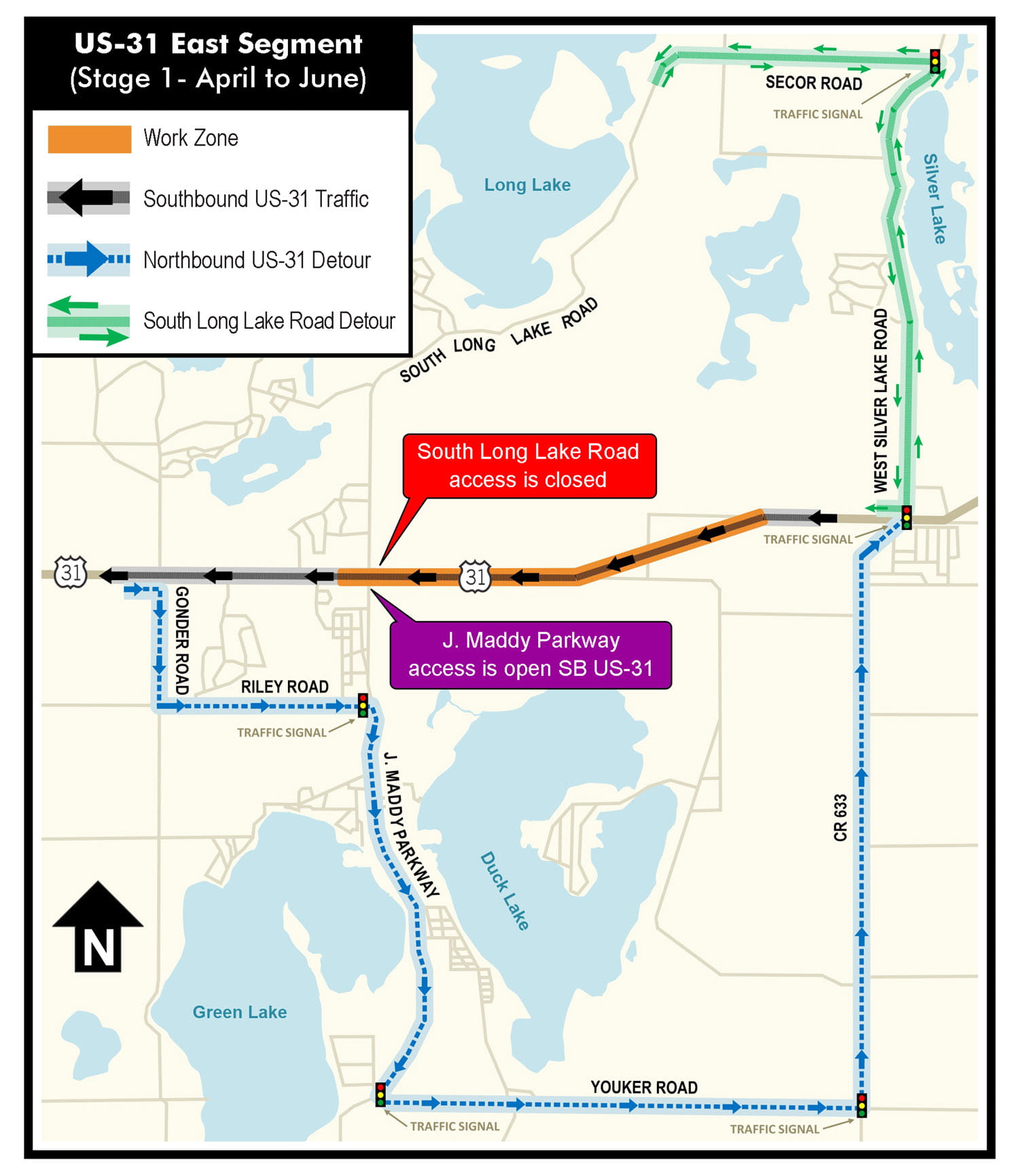 A map showing Stage 1 construction on US-31 in the Interlochen area from April to June 2026, with a detour on local roads. 