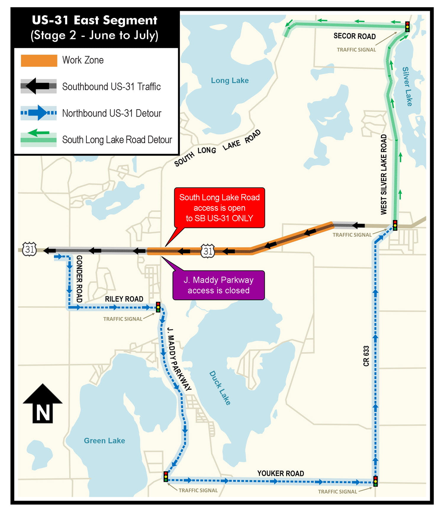 A map showing Stage 2 construction on US-31 in the Interlochen area from June to July 2026, with a detour on local roads.