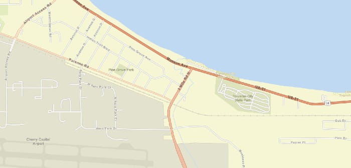 Map showing the location of the the US-31 and 3-Mile intersection rebuilding project in Traverse City.