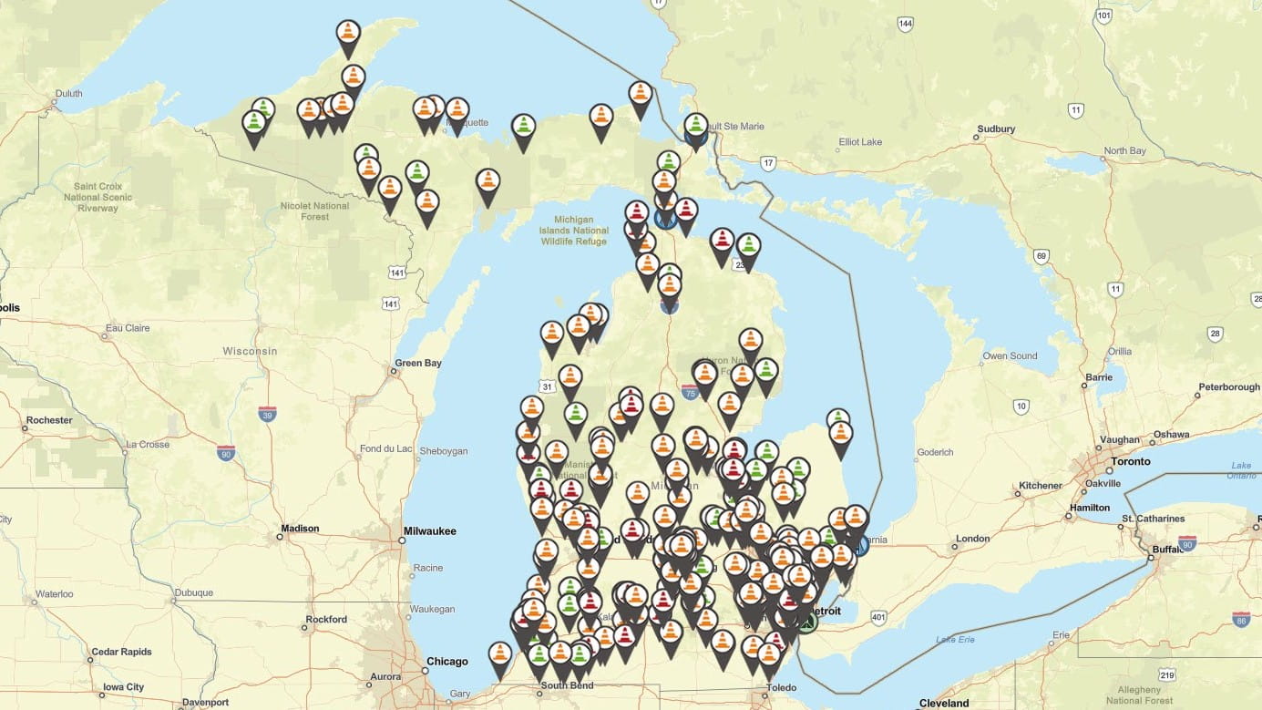A screenshot of the Mi Drive home screen showing closures throughout Michigan.