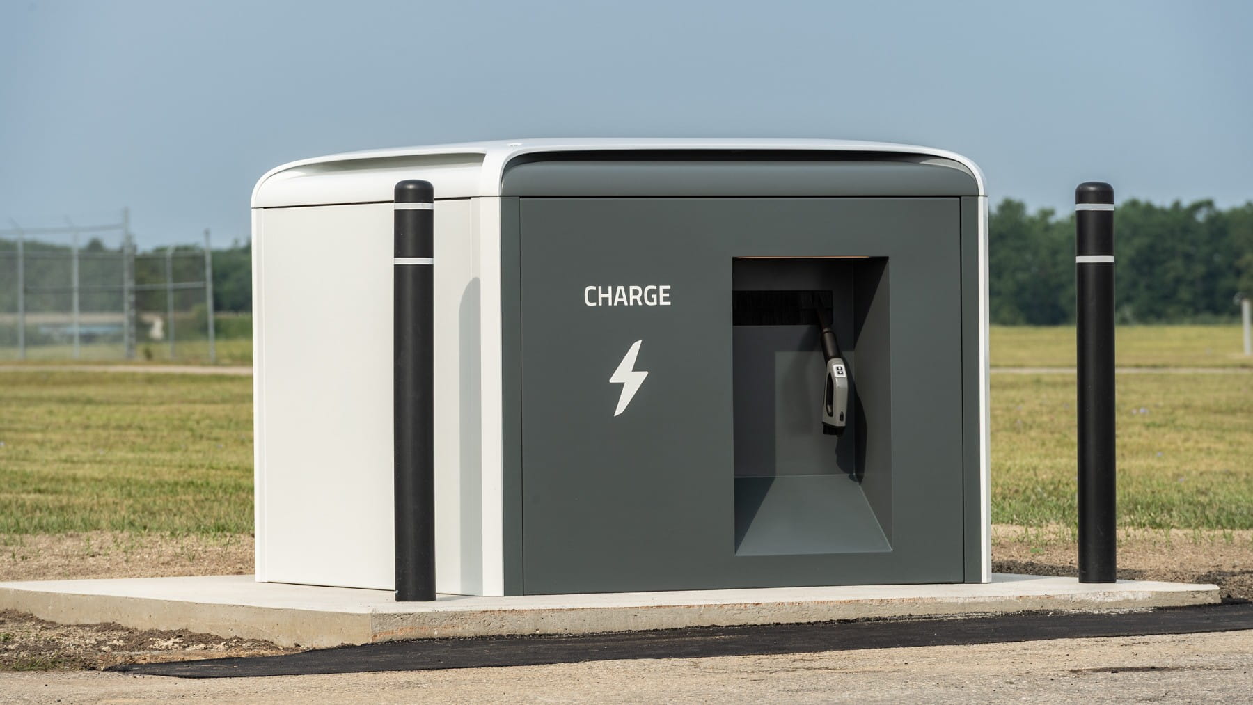 A BETA electric aircraft charging station at an airport.