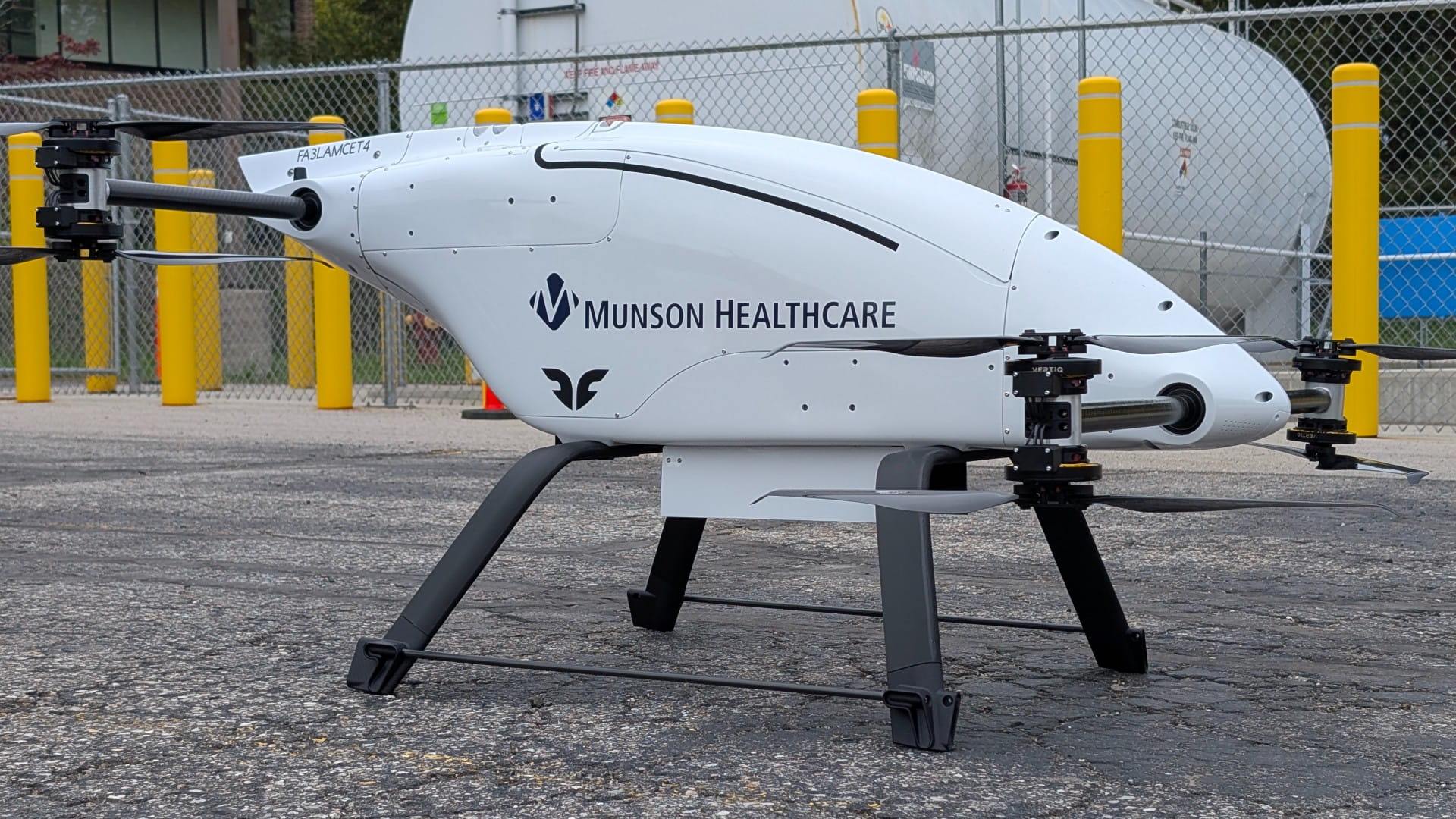 A medical supply delivery drone landed at a hospital.