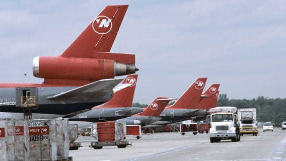 Planes lined up at Detroit Metro Airport.