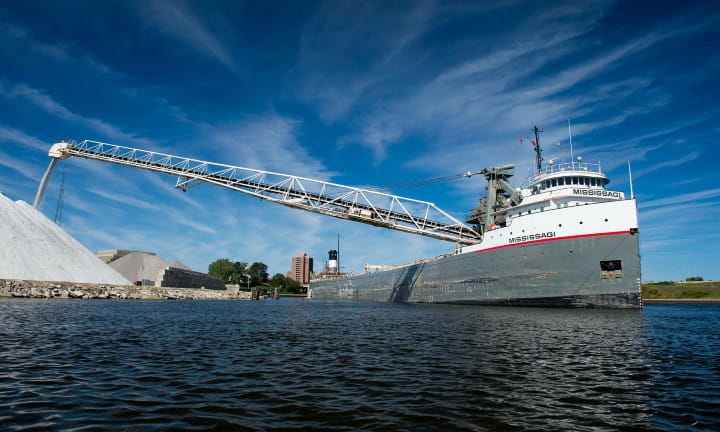 The Mississagi unloading rocks at a Michigan port.
