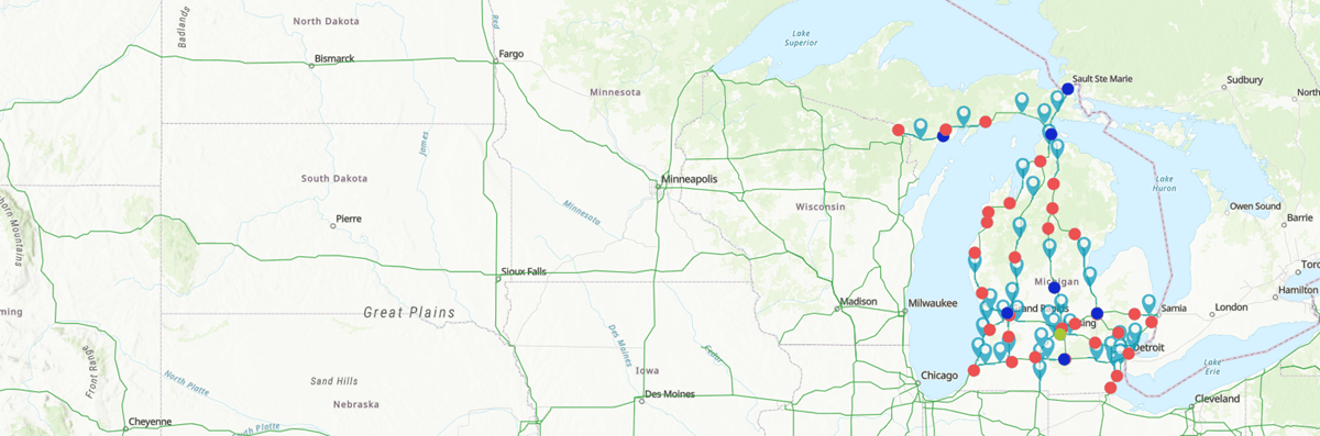 The NEVI map showing the location of the projects in Michigan.