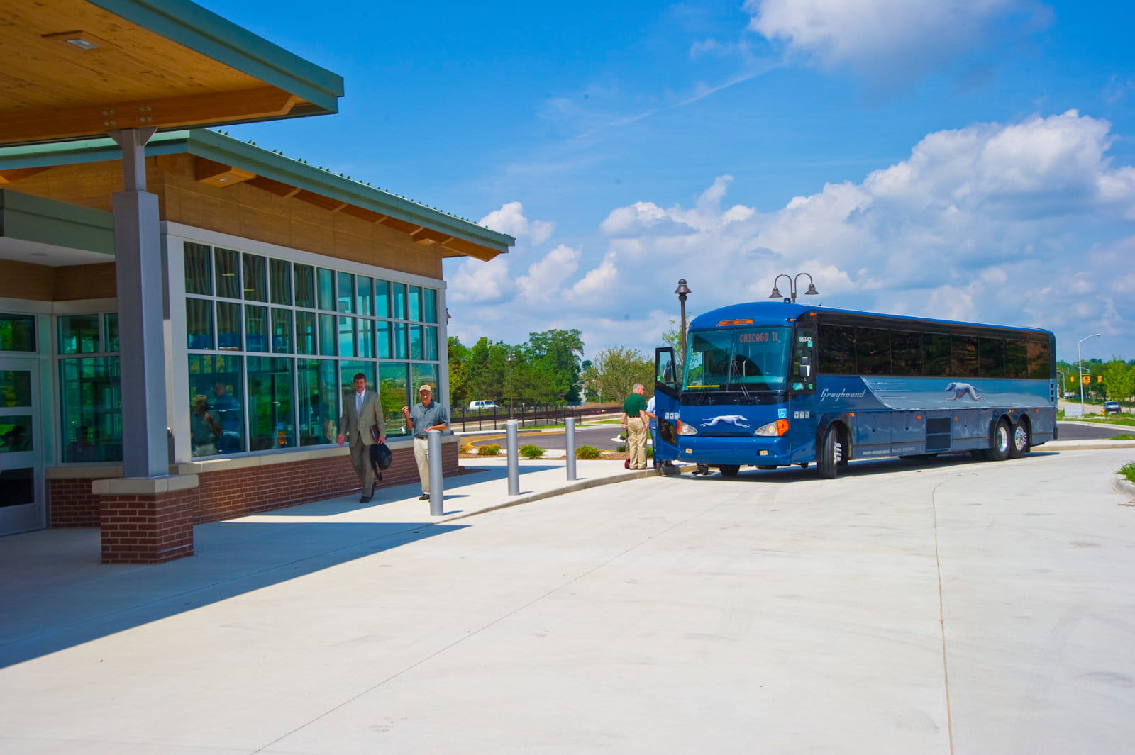 Greyhound bus parked at a station