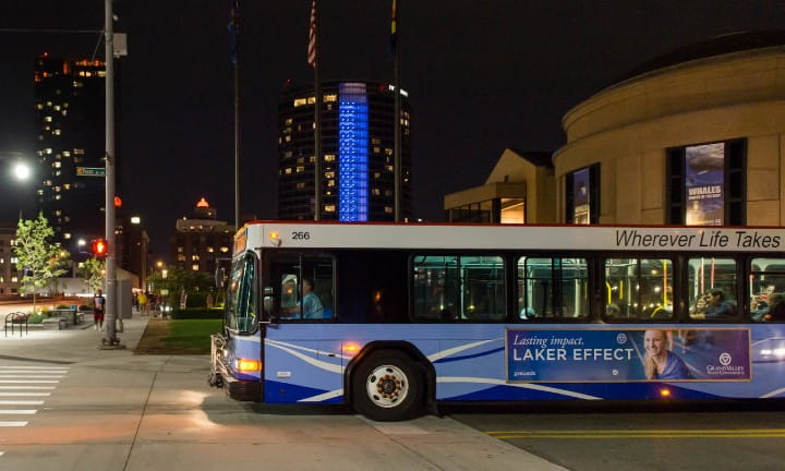 A passenger bus in downtown Grand Rapids.