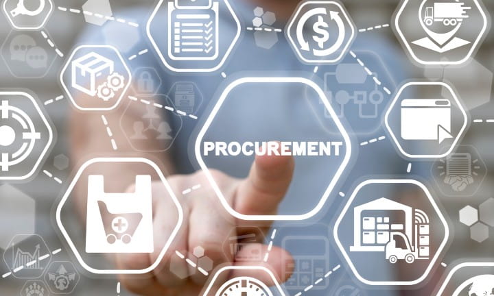 A person clicking on the word procurement on a digital screen with other procurement-type icons.