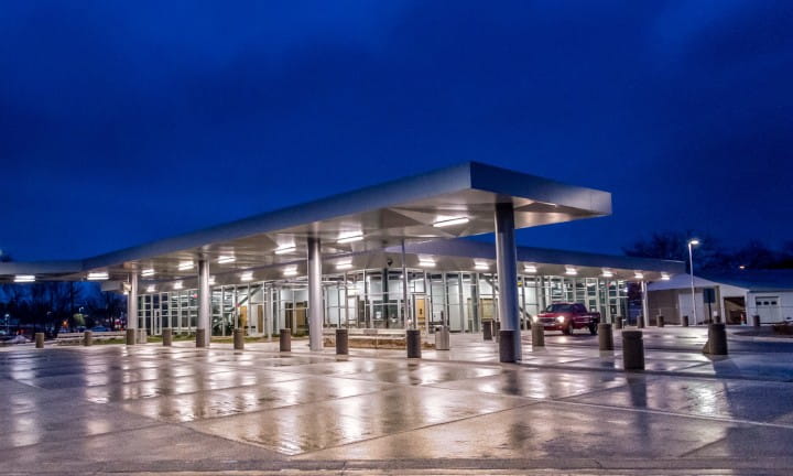 Intermodal East Lansing Station with Amtrak, Blue Water and Greyhound passenger buses.