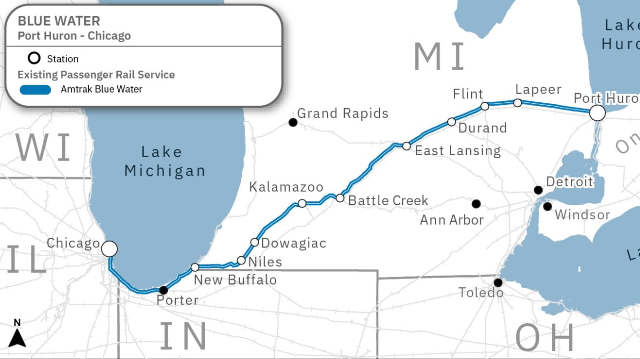 A map of the Blue Water rail corridor between Port Huron and Chicago.