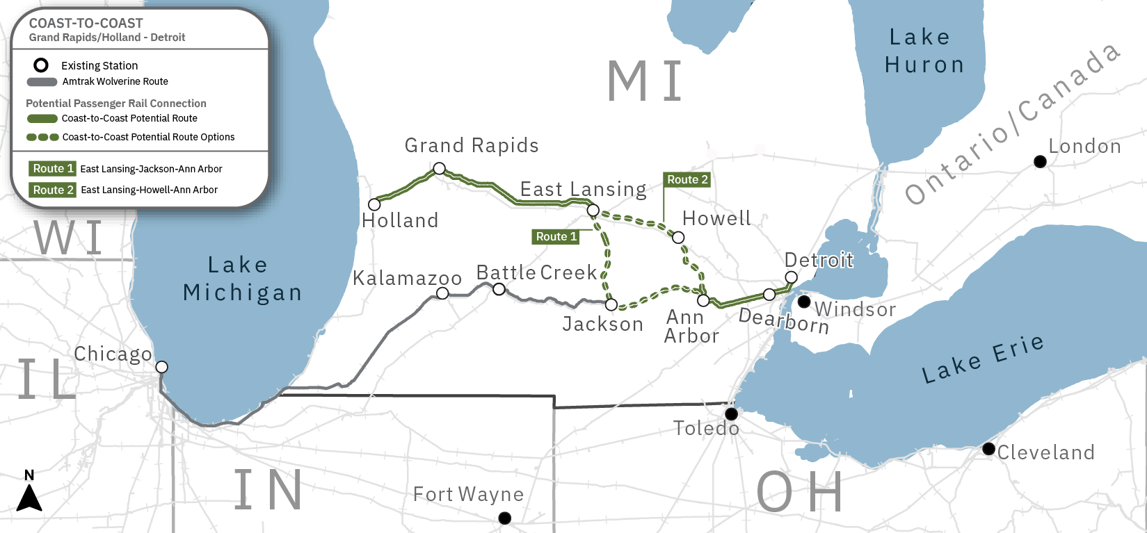 A map of the proposed Coast-to-coast rail corridor between Grand Rapids/Holland and Detroit.