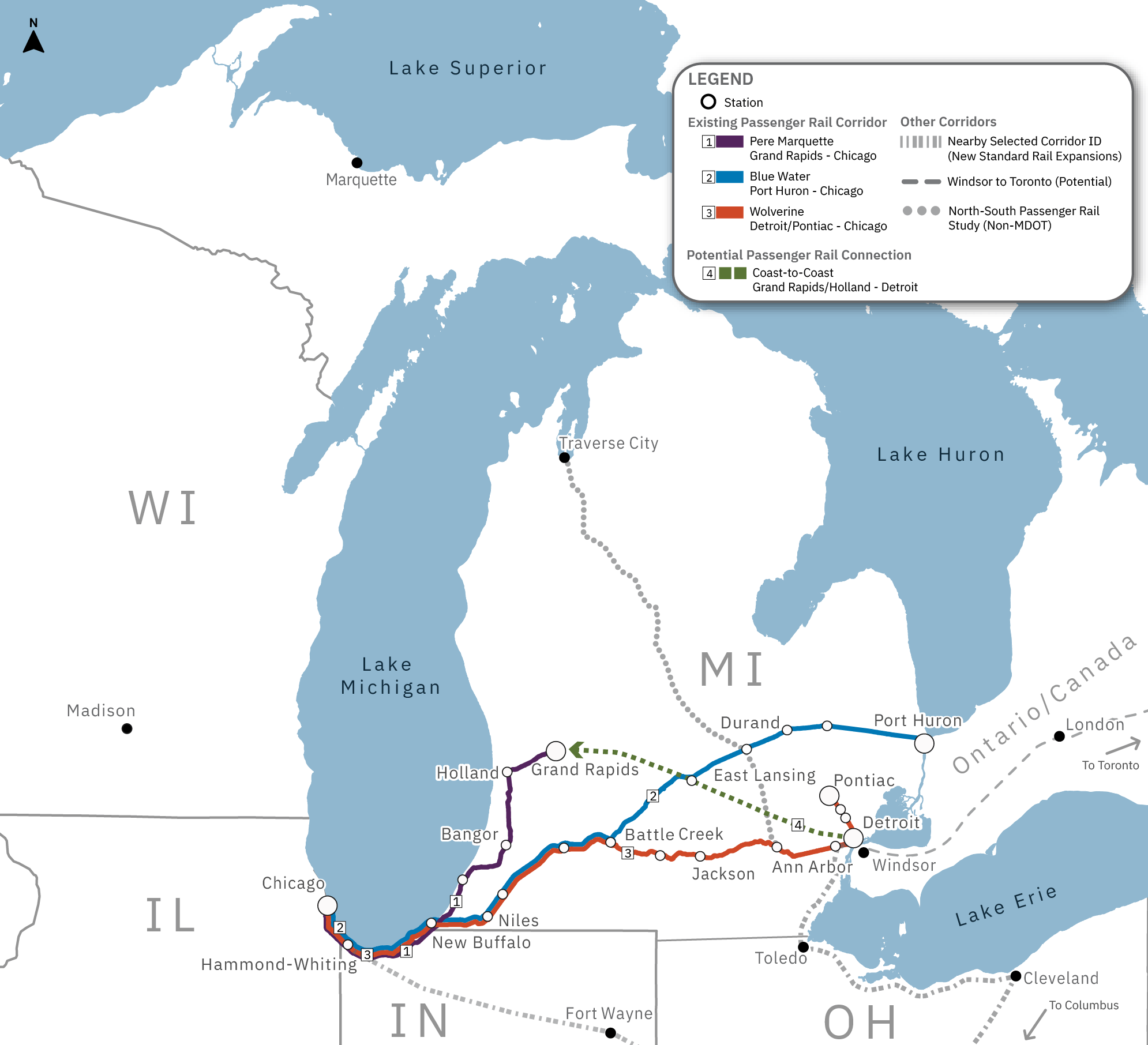 A corridor map showing the four different Michigan passenger rail routes.