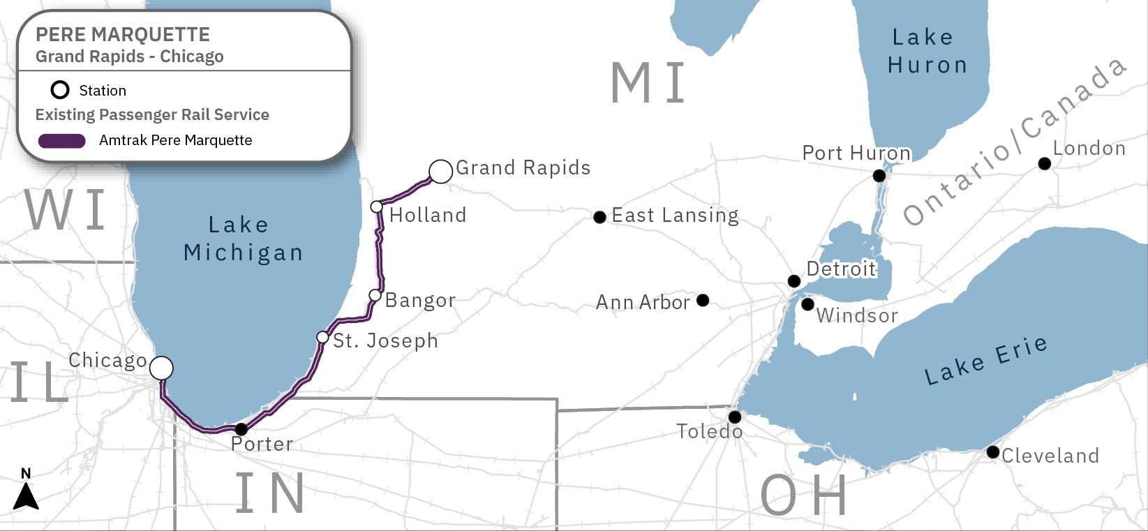 A map of the Pere Marquette rail corridor between Grand Rapids and Chicago.