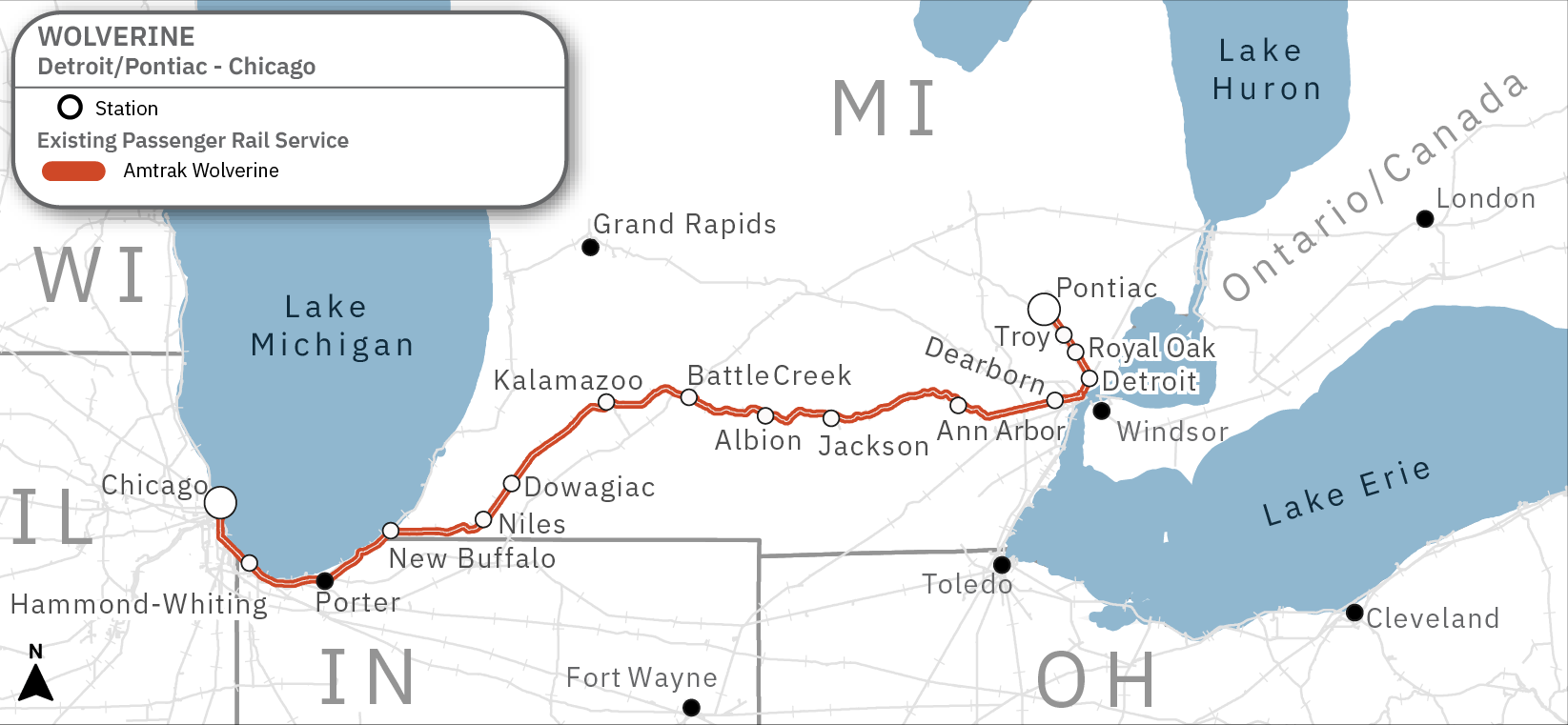A map of the Wolverine rail corridor between Pontiac/Detroit and Chicago.