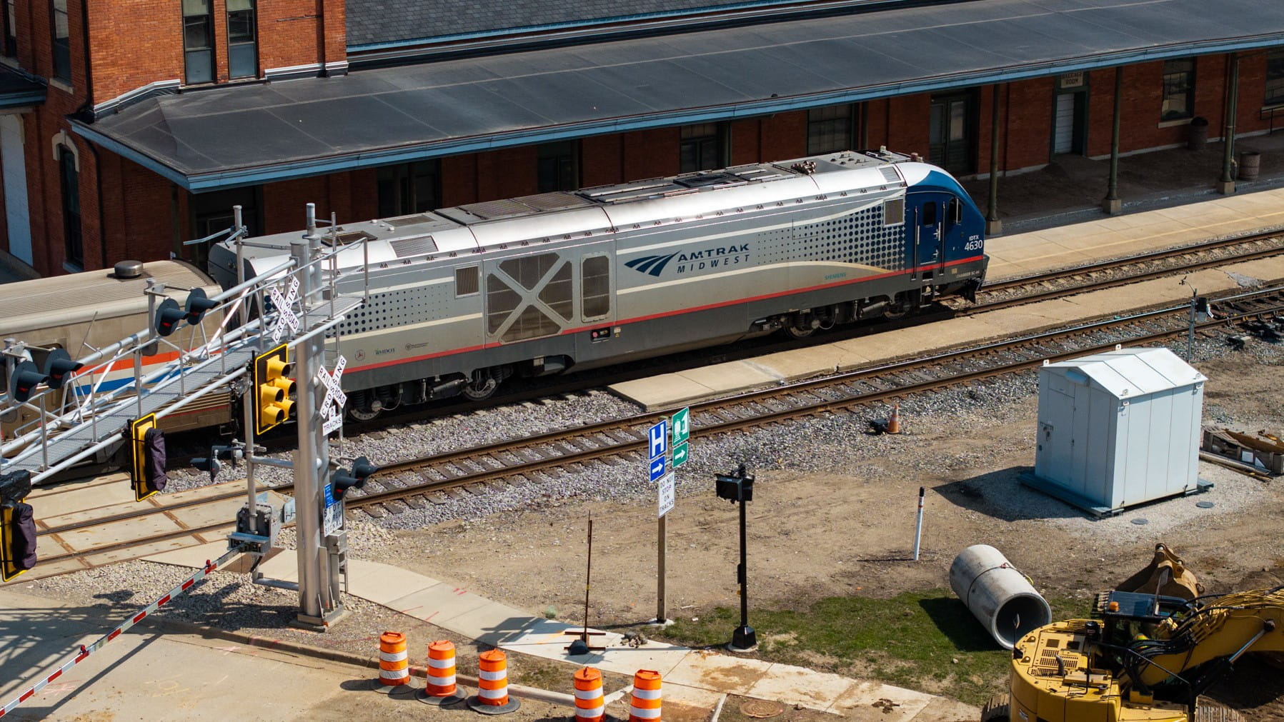 An Amtrak train waiting at a station.