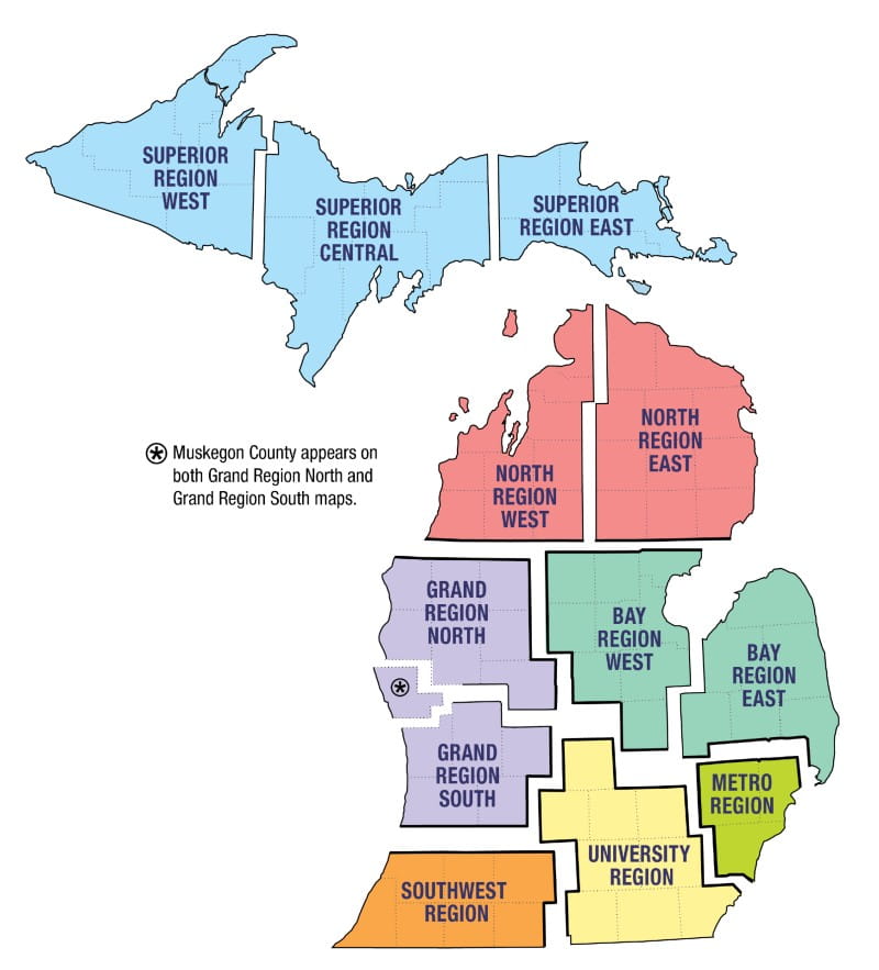 A map showing the bike map regions in Michigan.