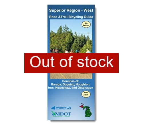 The Superior Region West Bicycle Map cover with an out of stock stamp.