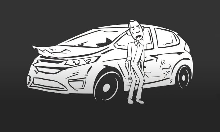 Cartoon man crying next to his crashed vehicle.