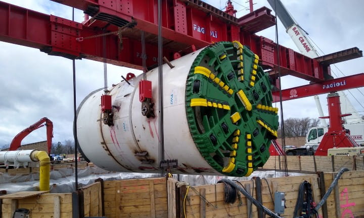 A front view of the massive tunnel boring machine (TBM). 