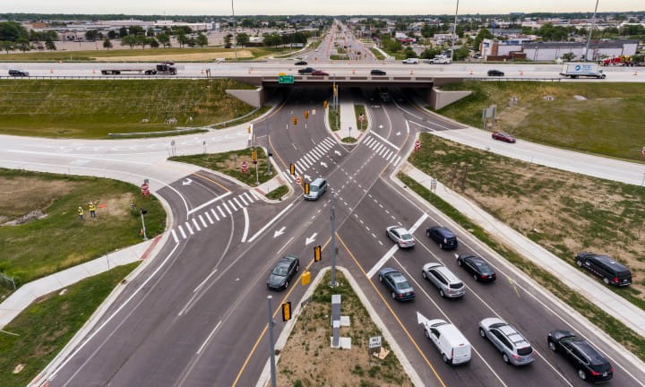 A diverging diamond interchange in the Metro Detroit area.