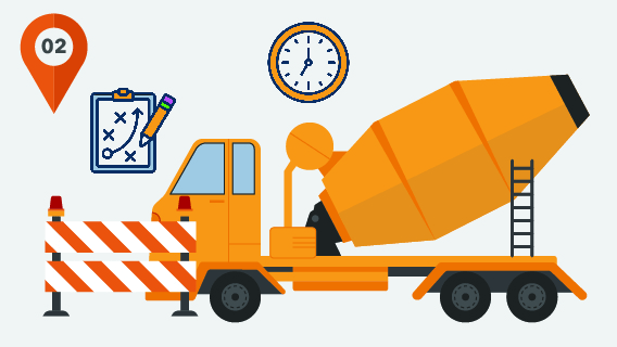 A cement mixer, work zone barrier, clock and clip board depict the staging and the start of construction.