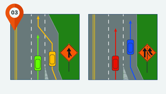 Work Zone 101 Stop 3 showing merging signs in a work zone.